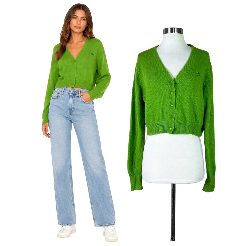 UNIF | Lime Green Fuzzy Angora Blend Cropped Y2K Grunge Knit Cardigan Sweater M